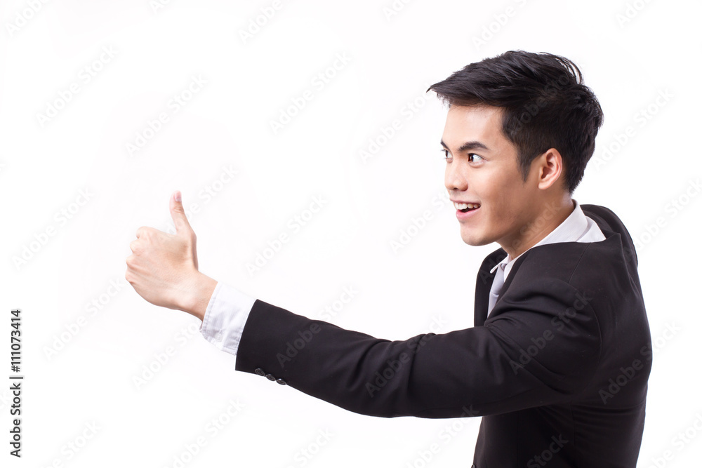 businessman giving thumb up, pointing and looking up businessman giving thumb up, pointing and looking up