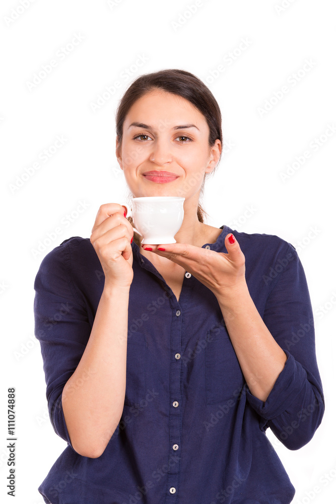 call center operator woman taking coffee break on white background call center operator woman taking coffee break on white background