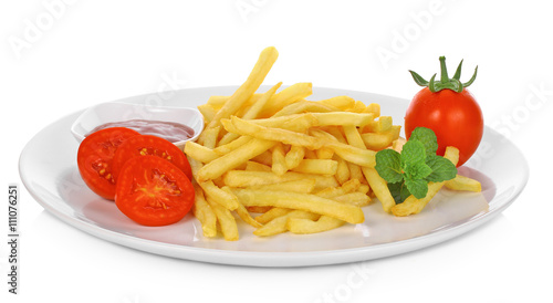 French fries with ketchup on white background.