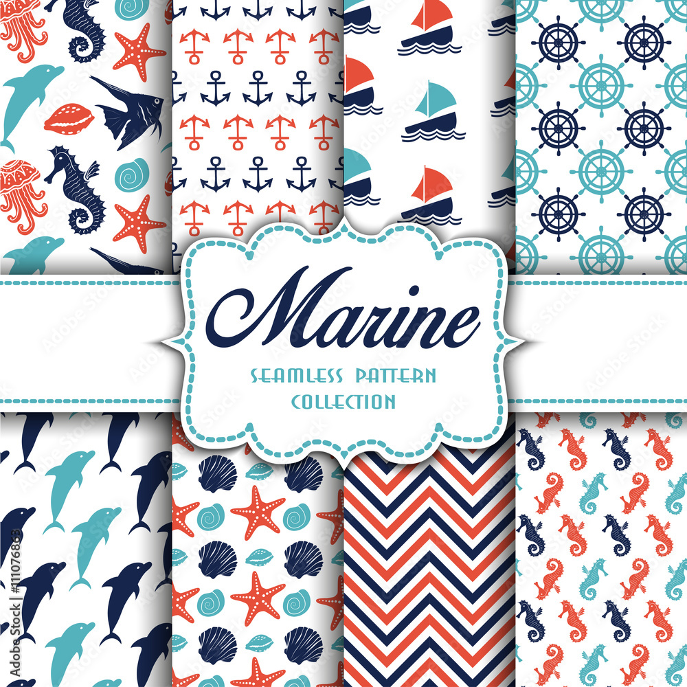 Obraz premium Big collection of seamless patterns with marine elements