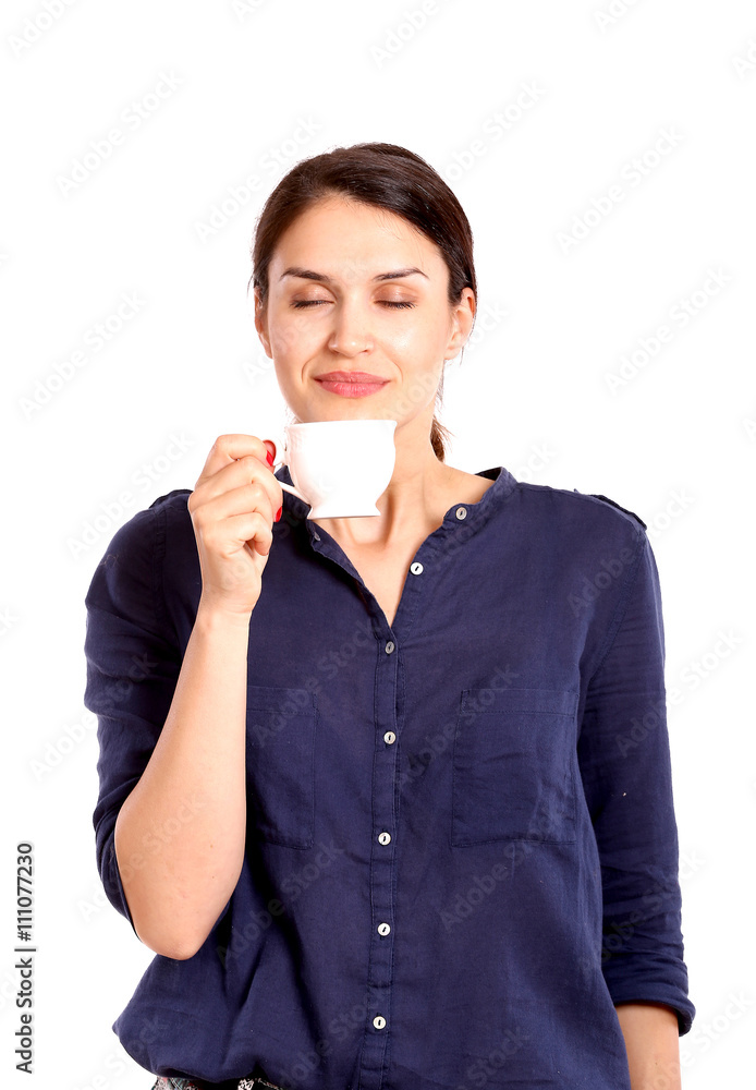 young woman smelling coffee from cup isolated on white background young woman smelling coffee from cup isolated on white background