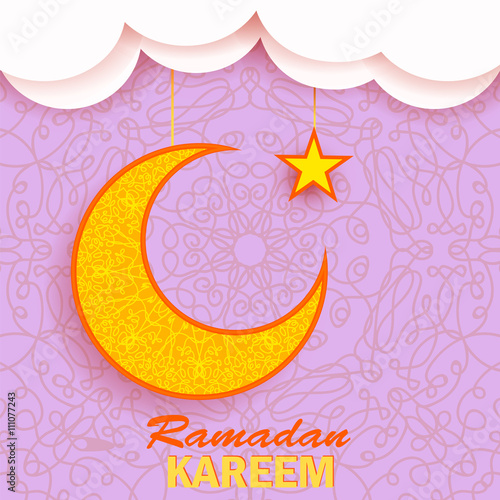 Ramadan Greetings Background. Ramadan Kareem Means Ramadan the Generous Month. Ramadan Greeting Card. Yellow Moon and Yellow Star on Pink Ornamental Background