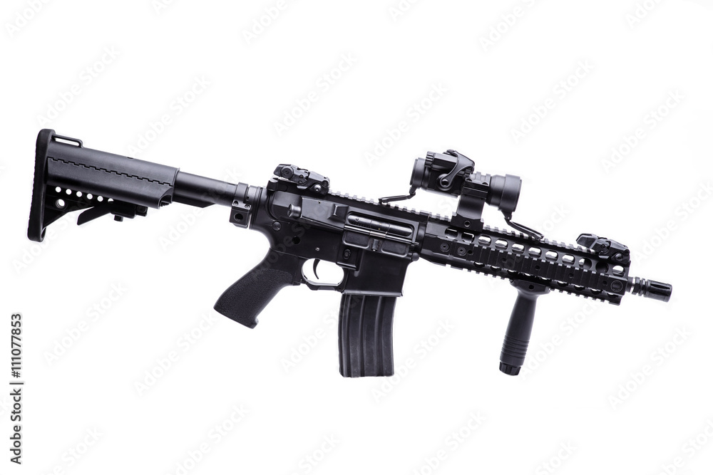 US specops rifle isolated/ Modern US specops rifle with optic scope isolated on white background US specops rifle isolated/ Modern US specops rifle with optic scope isolated on white background