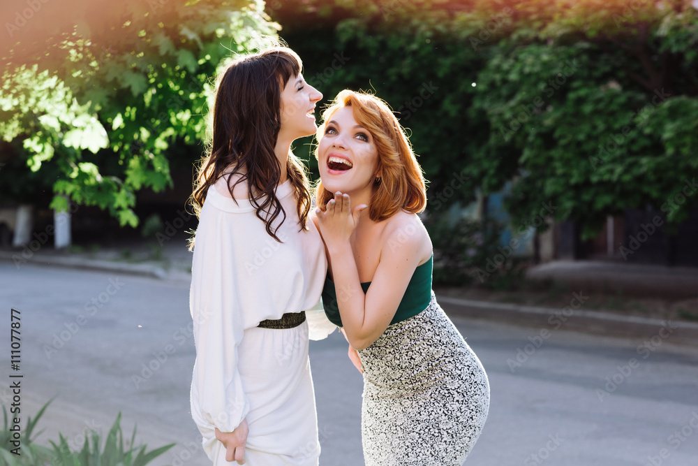 Naklejka premium Two beautiful women talking, laughing, chatting, friendship, lifestyle