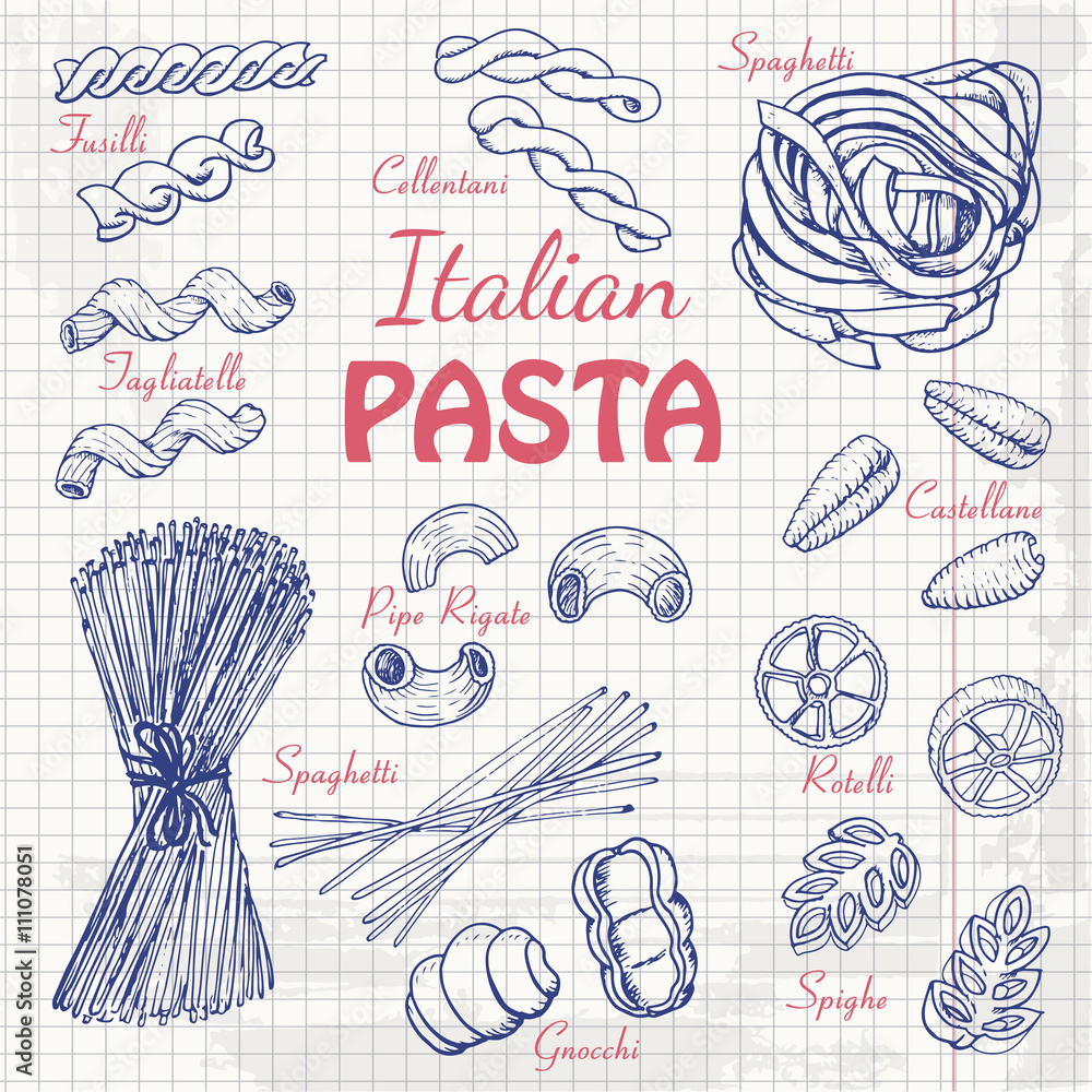 Set Italian pasta on paper