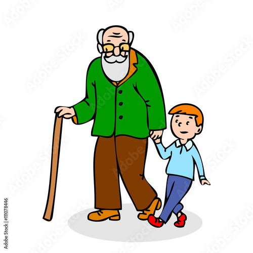 Grandfather with grandson. Funny old man with walking cane and w