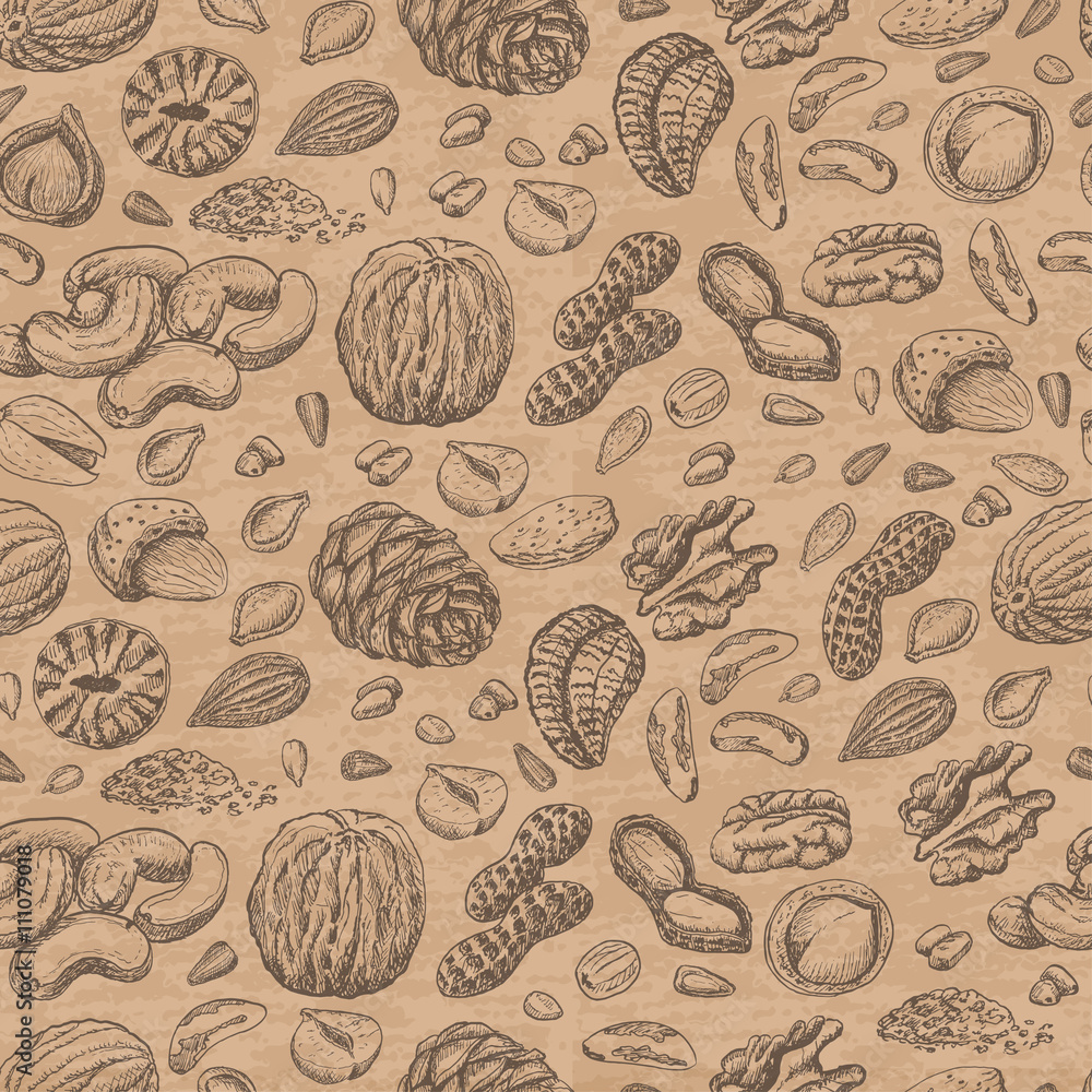 Seamless pattern with seeds and nuts on beige background Seamless pattern with seeds and nuts on beige background