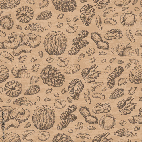 Seamless pattern with seeds and nuts on beige background