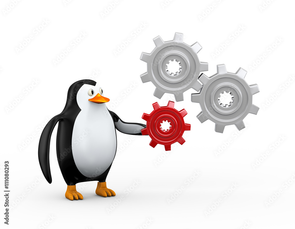 Fototapeta premium 3d penguin and cog wheel gears