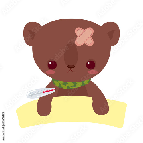 Small teddy bear is sick. Playing in veterinarian. Teddy bear measures the temperature. Children's character.