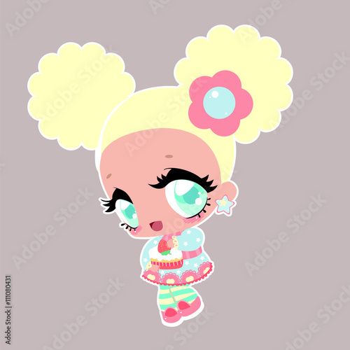 Little cute girl with cupcake. Lolita girl with sweets. Dolly. Children's character. Anime.