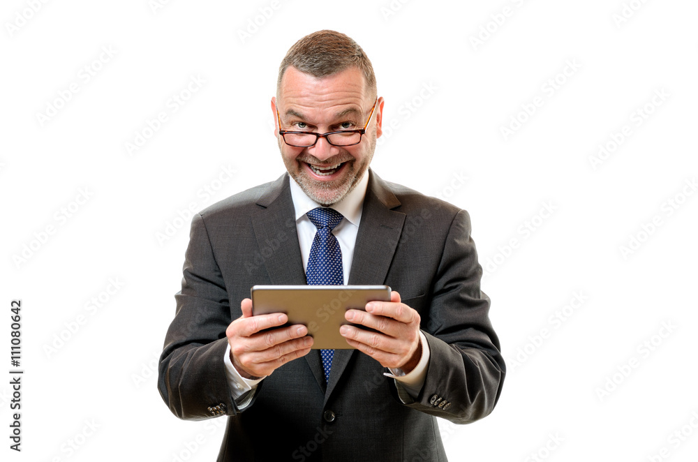 Happy satisfied businessman holding a tablet Happy satisfied businessman holding a tablet