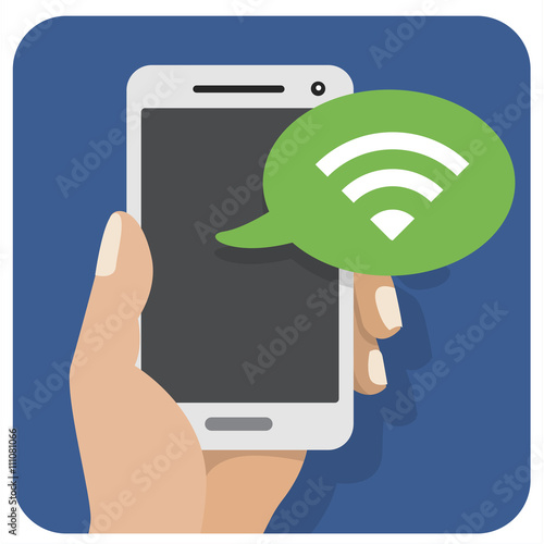 Vector flat illustration icon with the hand and mobile phone wit