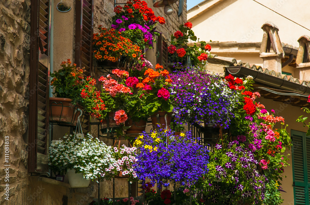 Romantic flowery balcony in Spello village, Umbria - Italy.
