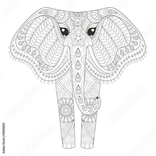 Zentangle Ornamental Elephant for adult coloring pages, Hand dra