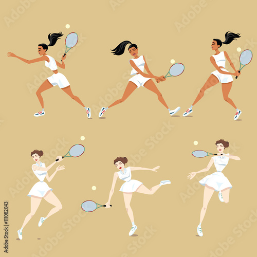 Set of vector illustrations of girls playing tennis