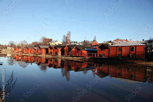 Porvoo, Finland. Old wooden red houses on the riverside