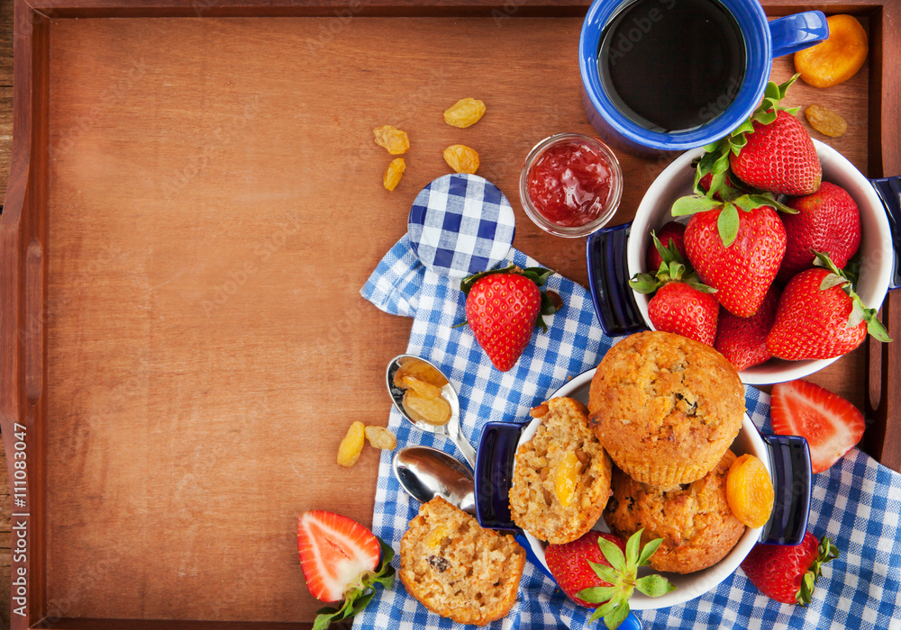 Breakfast with muffins, jam, coffee and strawberry Stock Photo Adobe