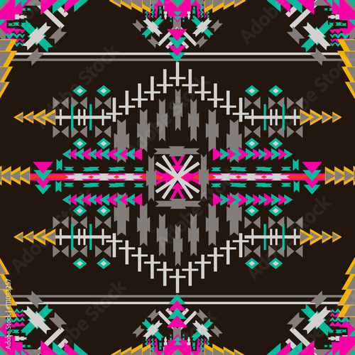 Colorful  aztec seamless pattern on dark background. Ethnic abstract geometric texture. Hand drawn navajo fabric. Can be used for wallpaper  web page background  fabric  paper  postcards.