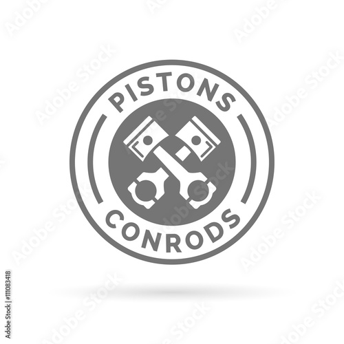 Pistons and rods sign. Car parts symbol. White pistons and conrods emblem in grey circle on white background. Vector illustration.