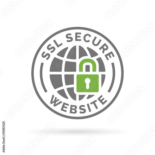 Secure SSL website icon. Globe with padlock sign. Secure globe symbol. Grey globe with green padlock emblem on white background. Vector illustration. photo