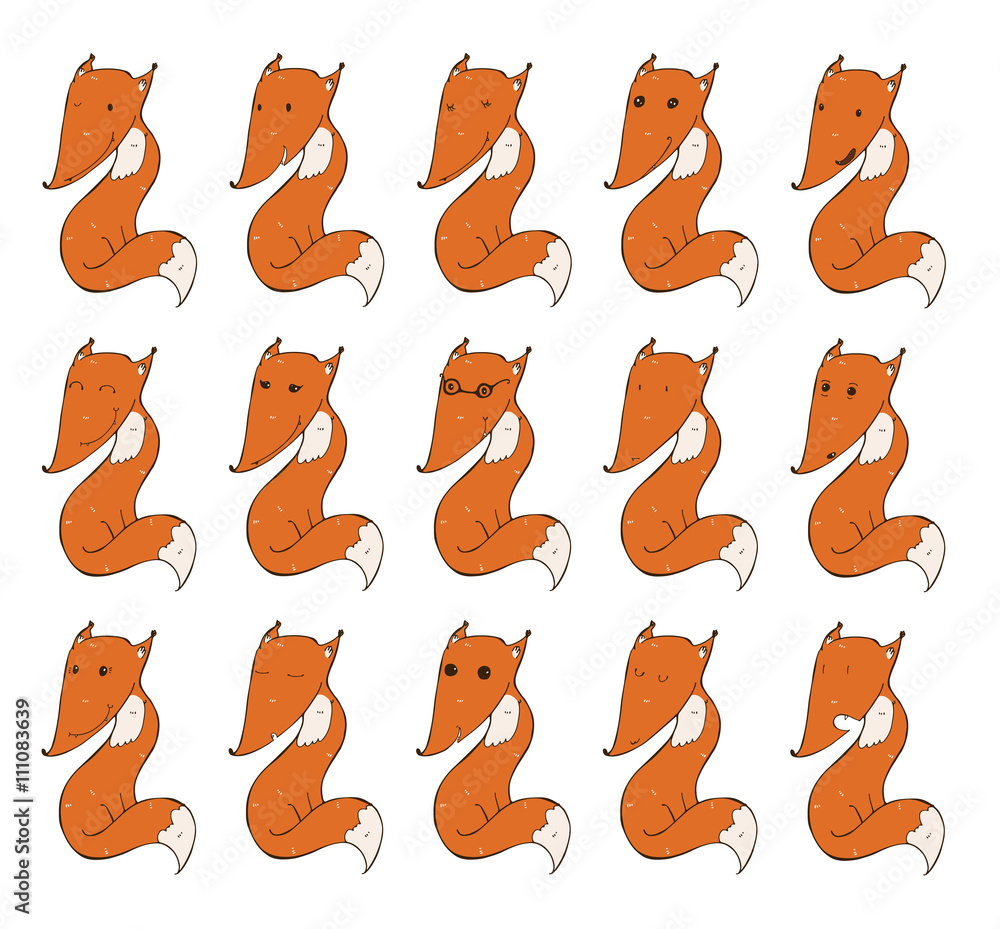 Set of cute foxes, with different emotions on face. Happy, funny, tired, lovely, kind, shoked. Vector illustration isolated on white background. Variations are hand drawn, with imperfections.