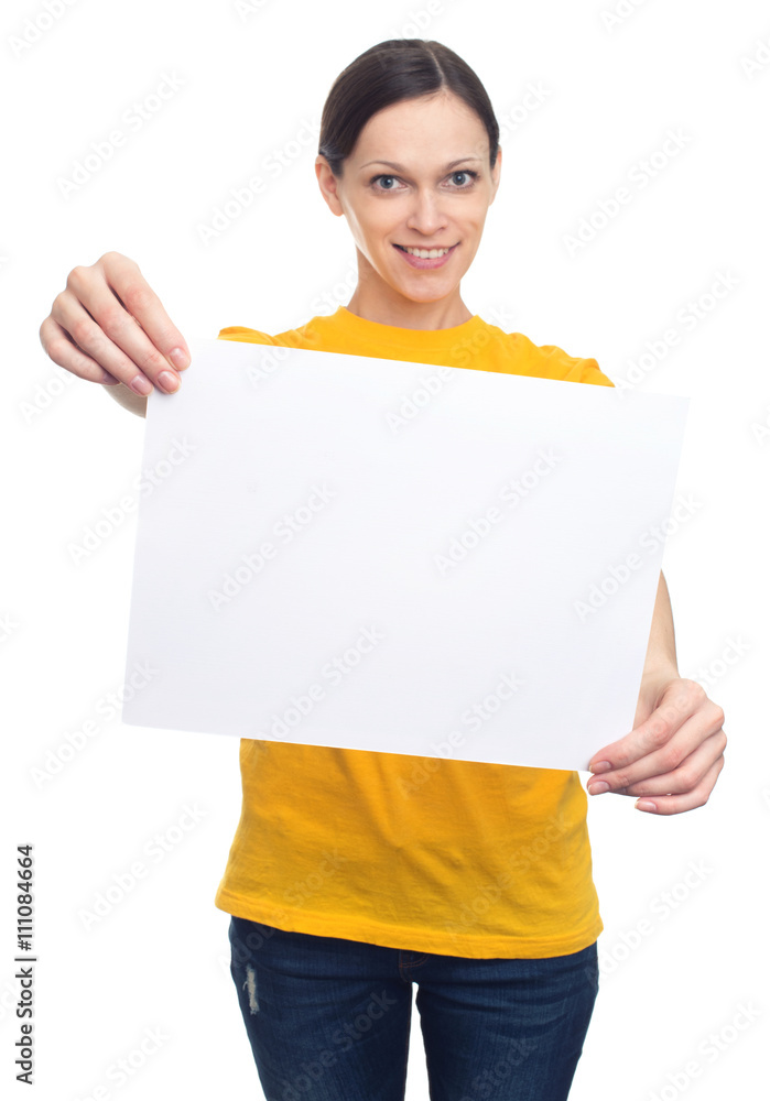 smiling woman showing white blank advertising banner smiling woman showing white blank advertising banner