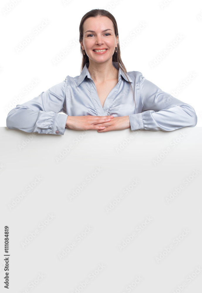 smiling business woman showing blank billboard smiling business woman showing blank billboard