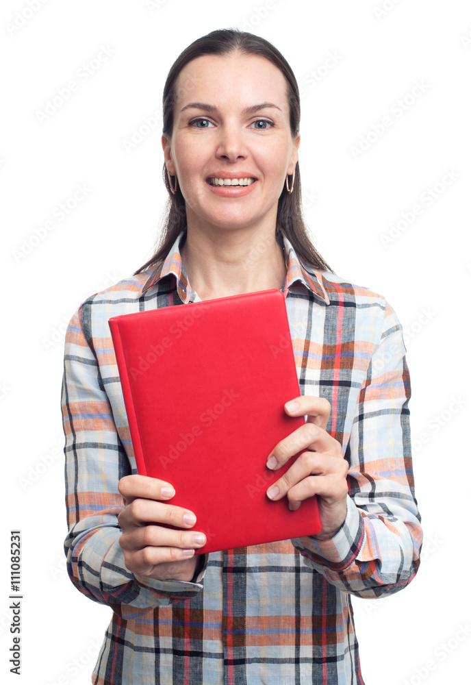 Smiling casual woman showing blank book cover Smiling casual woman showing blank book cover