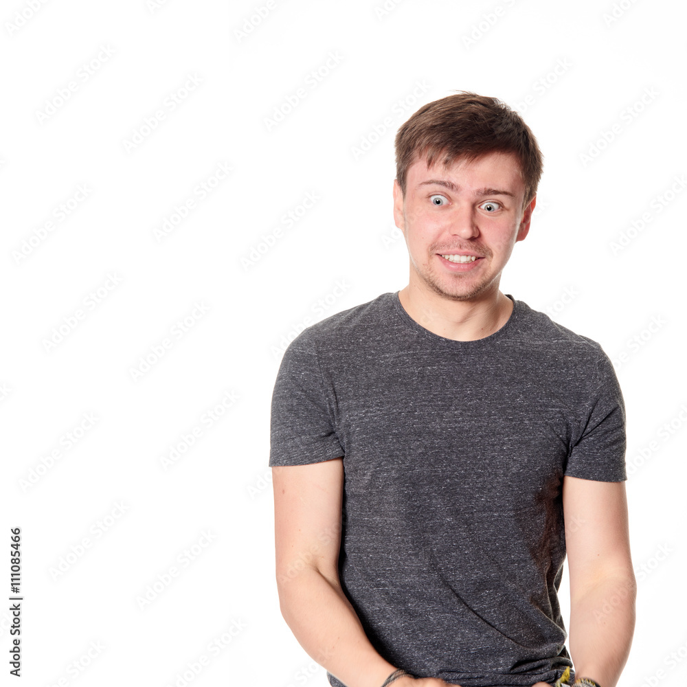 Amazed young man with light beard, isolated on white, with space Amazed young man with light beard, isolated on white, with space