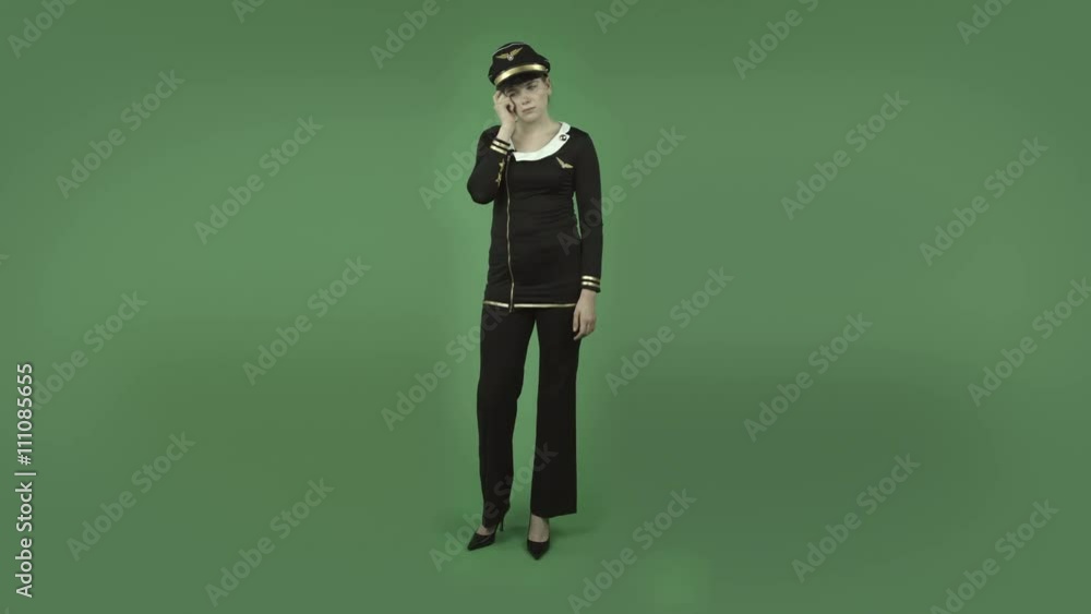 attractive caucasian air hostess isolated on green thinking scratching head attractive caucasian air hostess isolated on green thinking scratching head