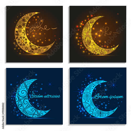 Set greeting cards  with decorative  crescent moons and lights