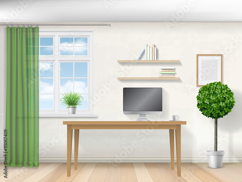 Realistic vector interior with a workplace, computer and window with a curtain.