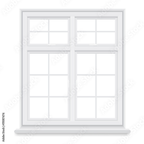 Traditional white window isolated on white background. Closed realistic vector window element of architecture and interior design.