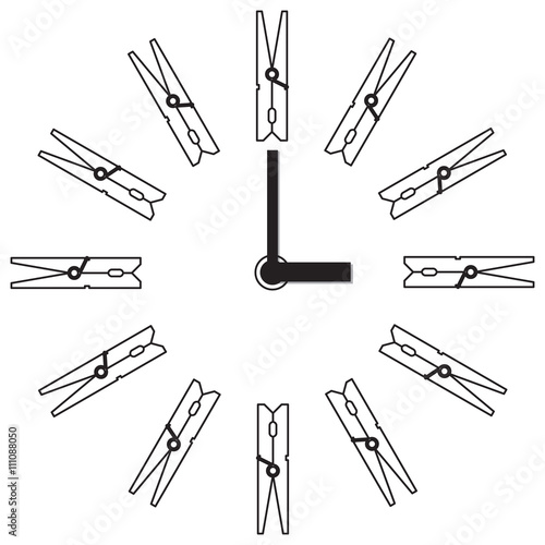 Wall clock with arrows. Watch the scale of the clothespin. Design clock laundry or shop decoration.