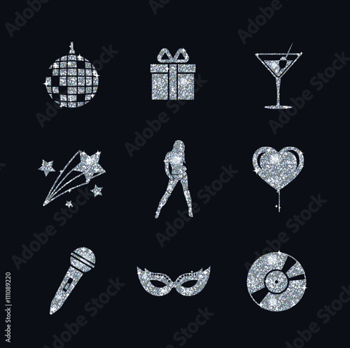 Holographic silver glitter nightlife and entertainment icons