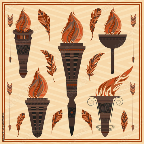 Ornament flaming torch of ancient Greece, Rome fire, feathers, arrows