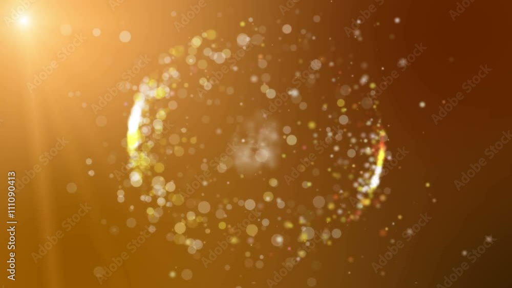 Abstract orange background intro with circular shape formed of small particles. Light ray effect, UHD 4k 3840x2160

