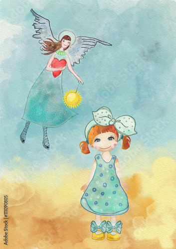 Fotografia Girl and guardian angel. Watercolor illustration
