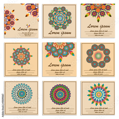 Set ornamental flower mandala greeting cards