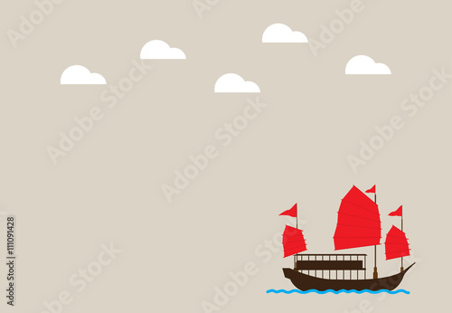 Vector sailing chinese junk ship in the sea.