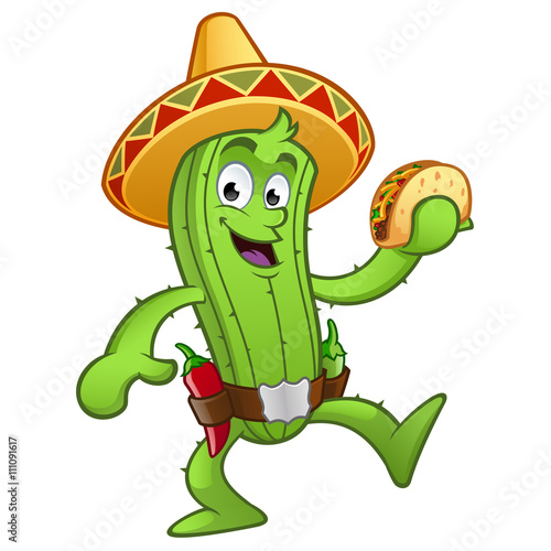 Cactus con un taco mexicano en la mano