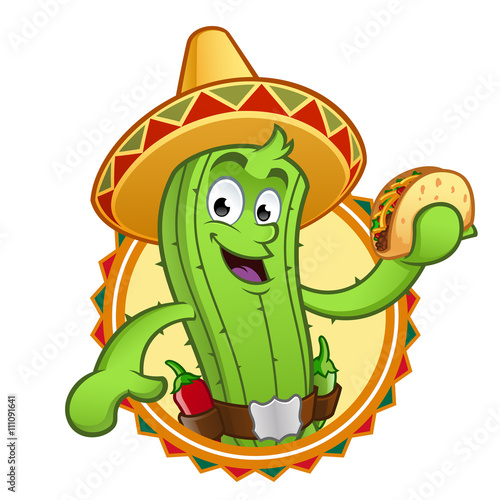 Cactus con un taco mejicano en la mano
