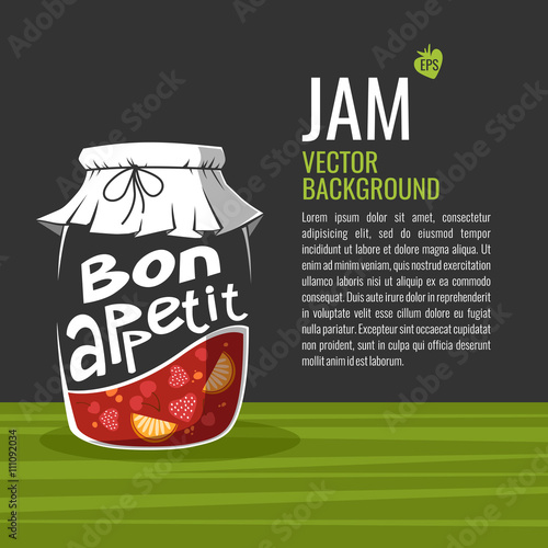 Vector illustration of glass jar fruit jam and Bon appetit