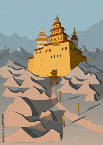 Castle in the mountains/Mountain landscape with the Tibetan monastery and the road