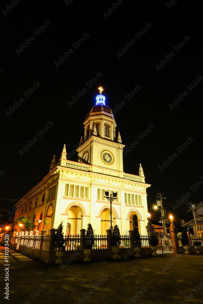 Santa Cruz Catholic Church at night in Bangkok Thailand.
