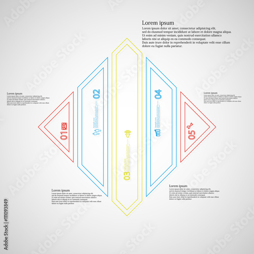 Rhombus Illustration infographic template divided to five color parts created by double outlines