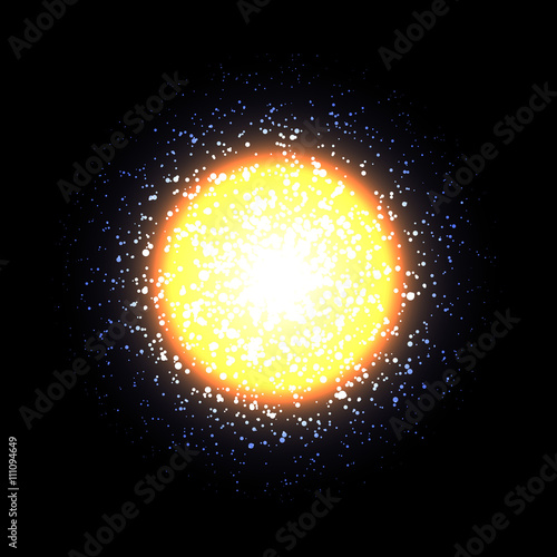 Vector sun on black background. Bright orange light. Orange star, cosmic element. Abstract space background.