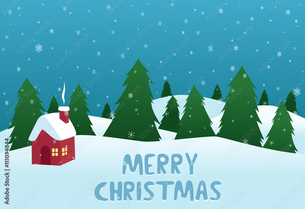Merry Christmas Text With Snow And Pine Background