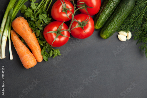 Food frame. vegetables for cooking , on dark background, top view, frame. banner